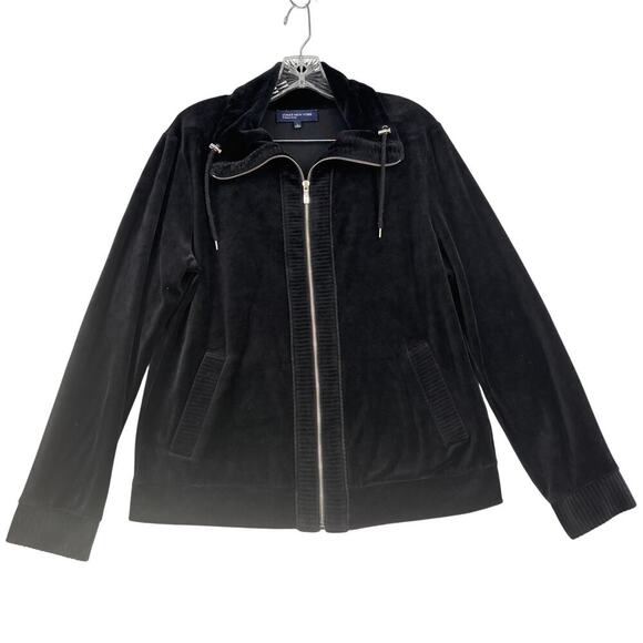 Jones New York Jacket Size L Black Velour Full Zip Drawcord Collar Ribbed FLAW - Picture 1 of 10